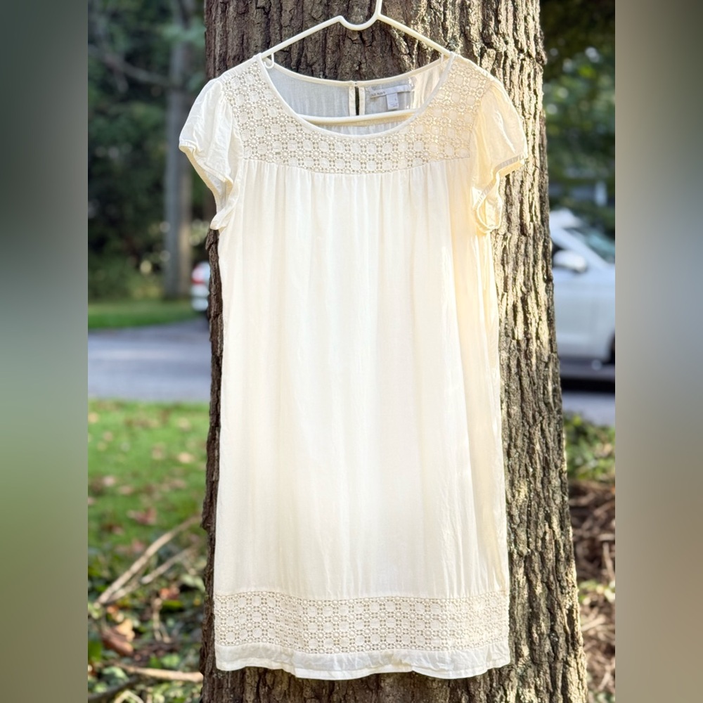 Old Navy Y2K Cream Peasant Dress Lined Boho Crochet Hem Short Sleeve